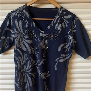 Navy Floral Beaded Short Sleeve Top